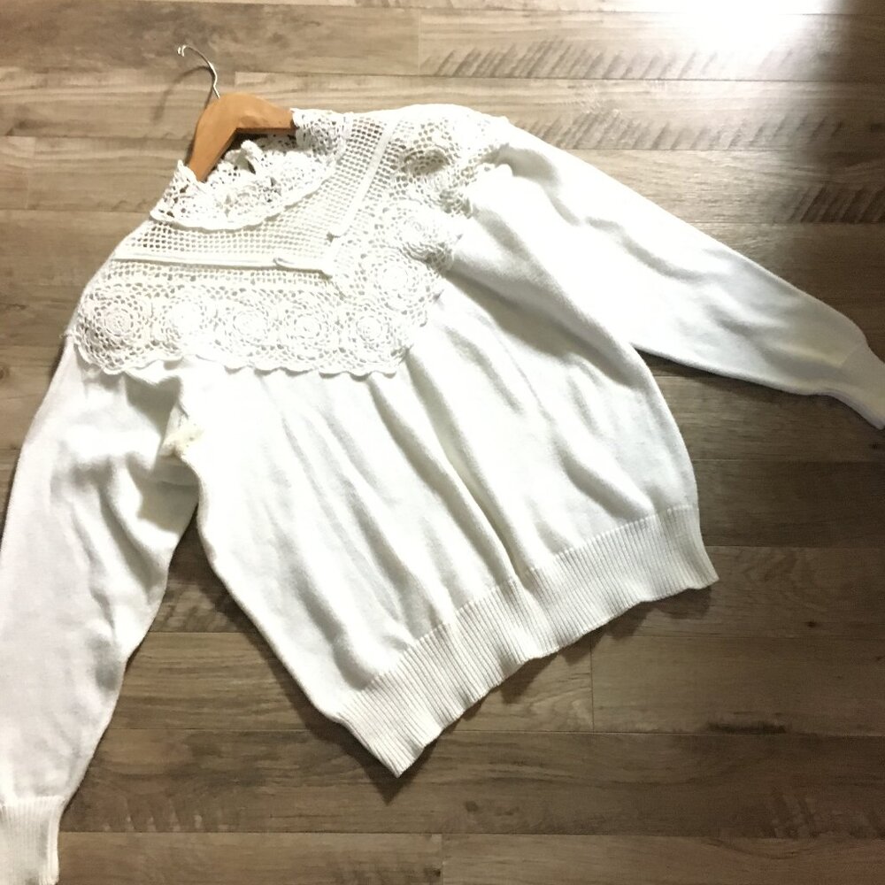 Vintage 90s Jessica 100% Cotton Mock Neck Lace Cottagecore Sweater Size 38 - Picture 9 of 13